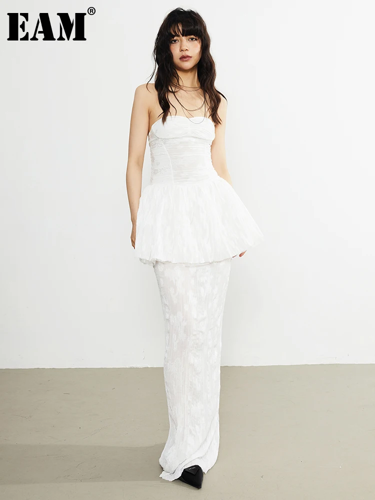 

[EAM] Women White Lace Slit Elegant Long Strapless Dress New Sleeveless Loose Fit Fashion Tide Spring Summer 2023 1DF7548