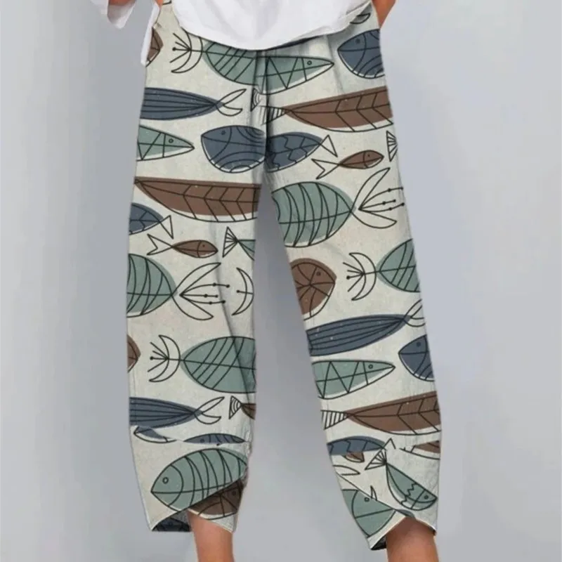 

Женские брюки с высокой талией, серые повседневные брюки с модным принтом, свободные укороченные брюки с соединением, весна-лето 2023