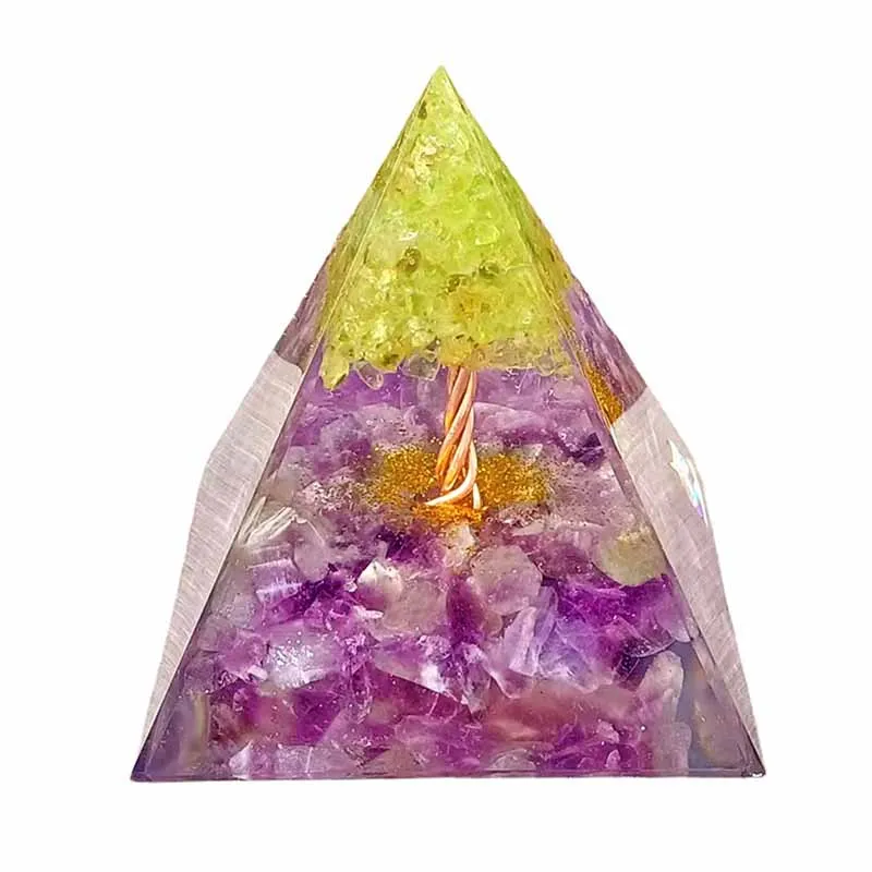 

6CM Handmade Orgone Energy Generator Pyramid Orgonite Natural Amethyst Ball + Peridot Reiki Chakra Meditation Yoga Ornament