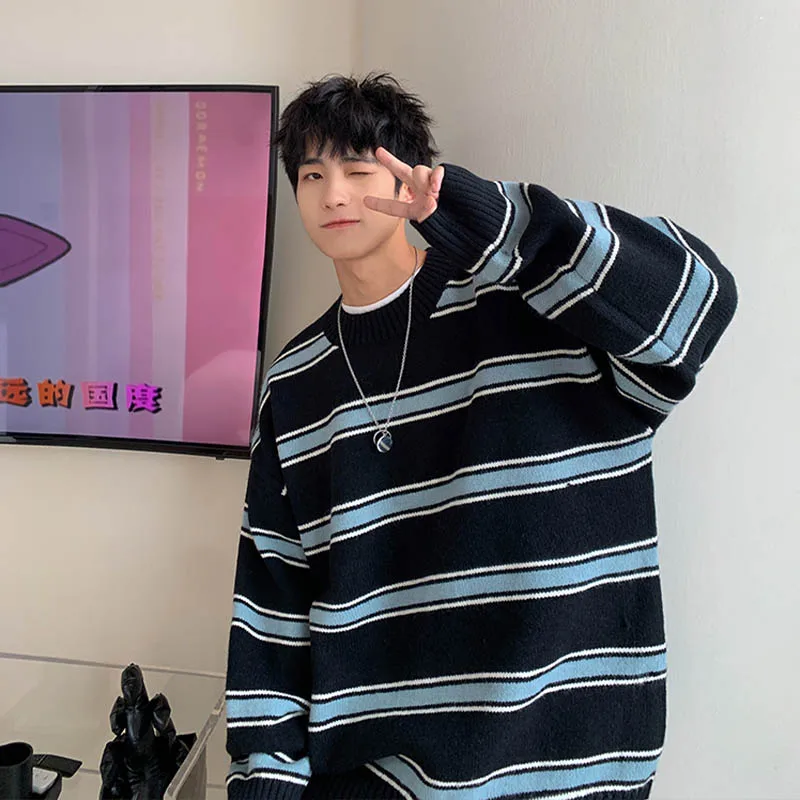 

2022 Men's Autumn Winter Retro Loose O-neck Sweater Tops Male Long Sleeve Pullover Tops Men Striped Casual Knitted Tops A397