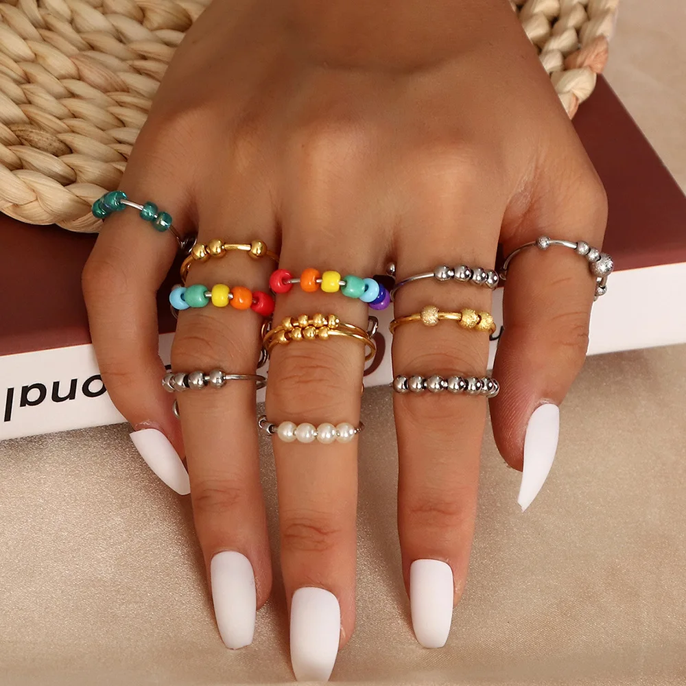 

Rainbow Ring Colorful Rice Bead Titanium Steel Ring Rotatable Anti Stress Anxiety Ring for Girl Women