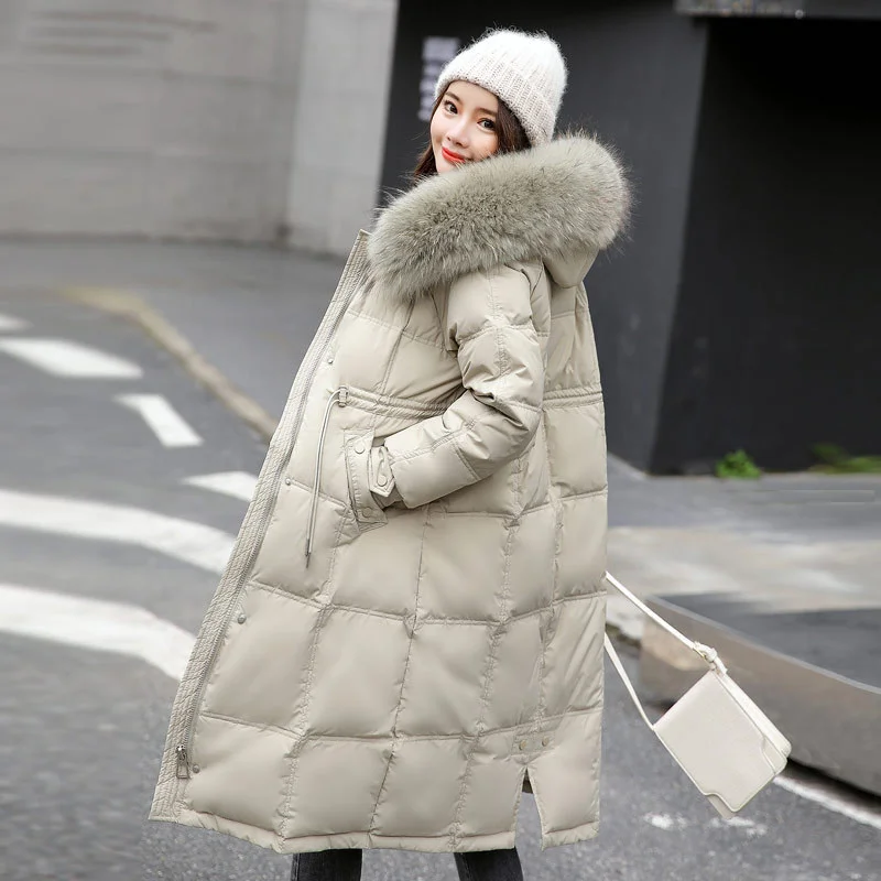White duck down over-the-knee mid-length down jacket women's Korean style new waist-length large fur collar warm jacket coats