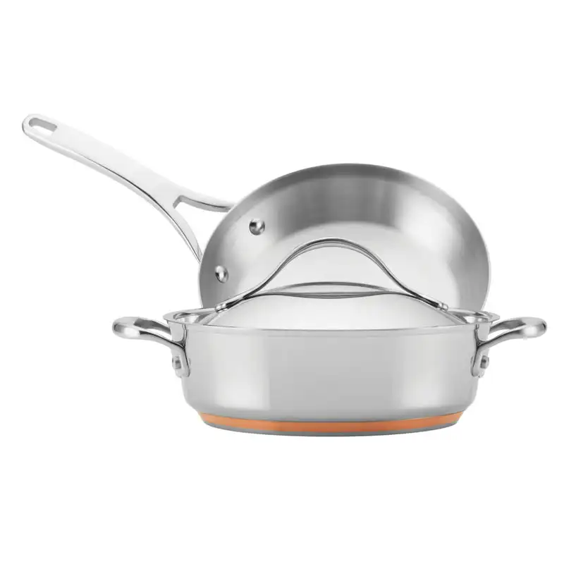 

Nouvelle Copper Stainless Steel Sauteuse and Frying Pan Set, 3-Piece, Silver
