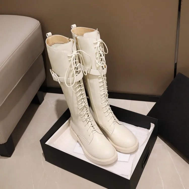 New Women Knee High Boots Low Heels Lace-up Silver White Punk Knight Boots Female Casual Comfortable Zip Shoes