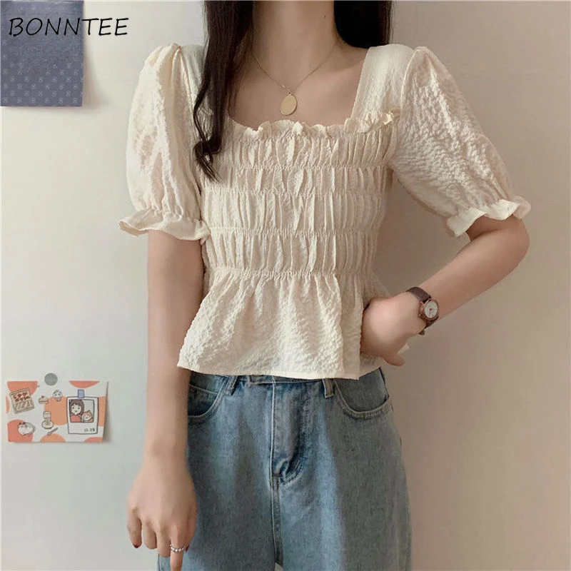 

Blouses Women College Simple Sweet All-match Lady Ins Folds Daily Square Collar Summer Solid Ulzzang Chiffon Mujer Clothing New