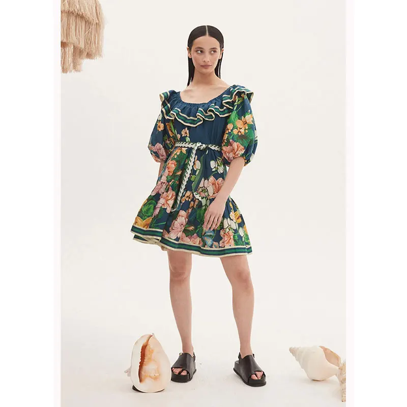 

Designer's peplum one-line neck high-waisted lace-up vintage print dress women's new fashion loose big swing shaggy skirt