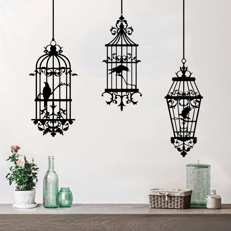 3Pcs Vinyl Wall Sticker Gothic Style Birdcages with Ravens Decals Livingroom Bedroom Decor Party Bird Art Mural Animal Wallpaper