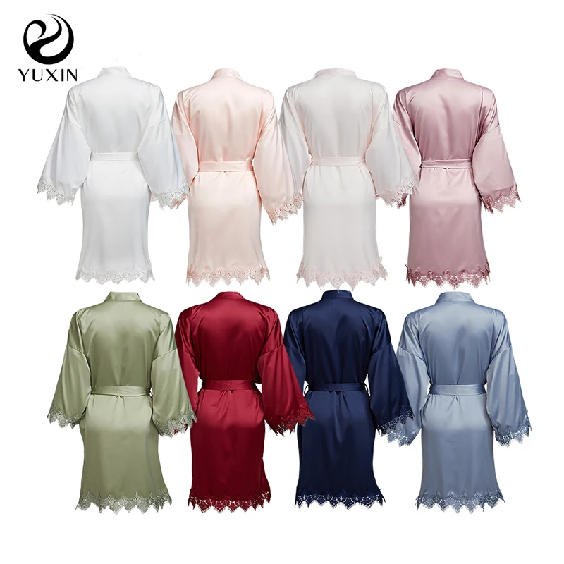 YUXINBRIDAL 2019 New Matt Satin Lace Robe with Trim Gown Summer Bridal Wedding Bride Robes Bridesmaid Kimono Robe  Bridal Robes