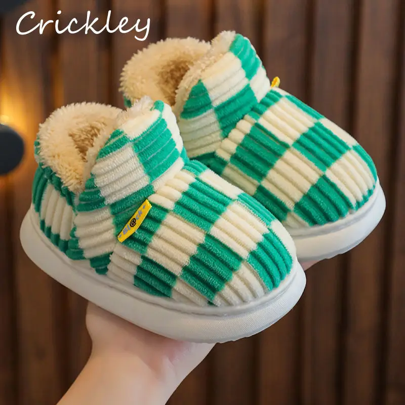 New Checkered Girls Boys House Slippers Winter Plush Warm Floor Shoes For Kids Comfortable Soft Sole Toddler Children Slippers