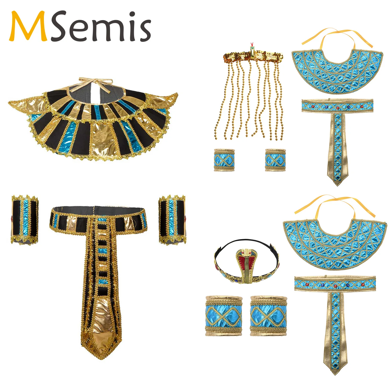 Men Women Ancient Rome Pharaoh Cosplay Costume Collar Arm Sleeves Belt Set for Halloween Egyptian Cleopatra Roleplay Accessories