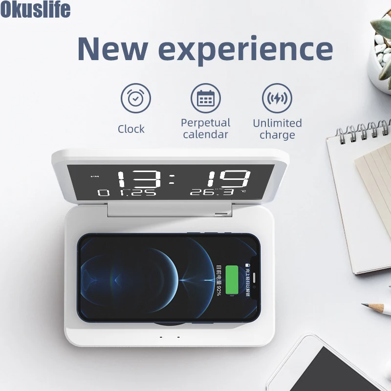 

Электронный календарь с 15 Вт беспроводным зарядным устройством для телефона iPhone Samsung Беспроводная зарядка будильник термометр ночник