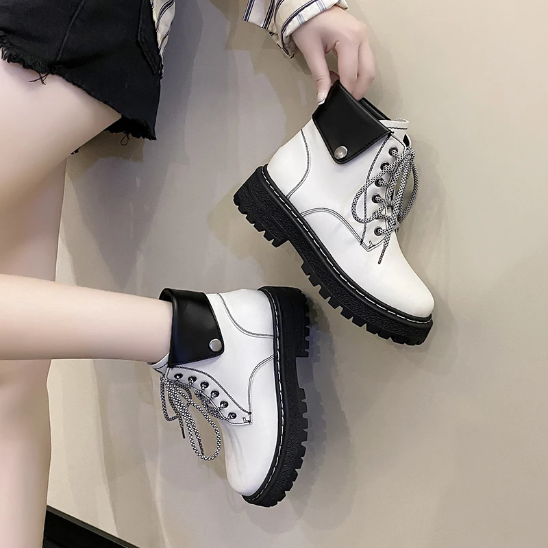 Winter Women's Ankle Boots Platform Boots Soft Leather Women Comfortable Mid Heel Women's Boots Fashion Round Boots Botas Mujer