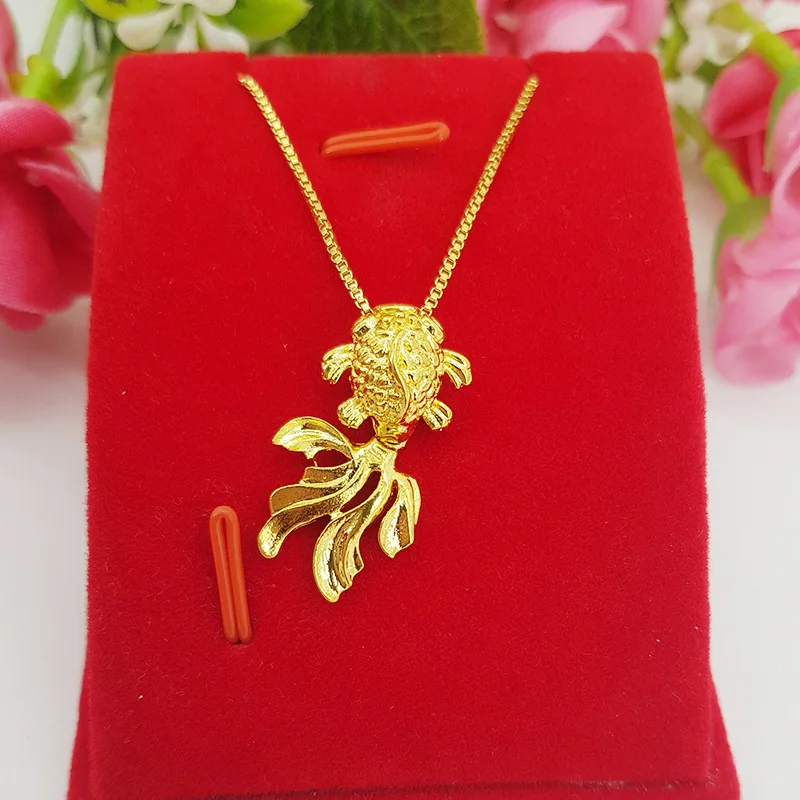 

Real 18k Gold Color Goldfish Pendant Thick Pendant Necklace for Women Bride Party Gold Water Wave Chain Jewelry Gifts