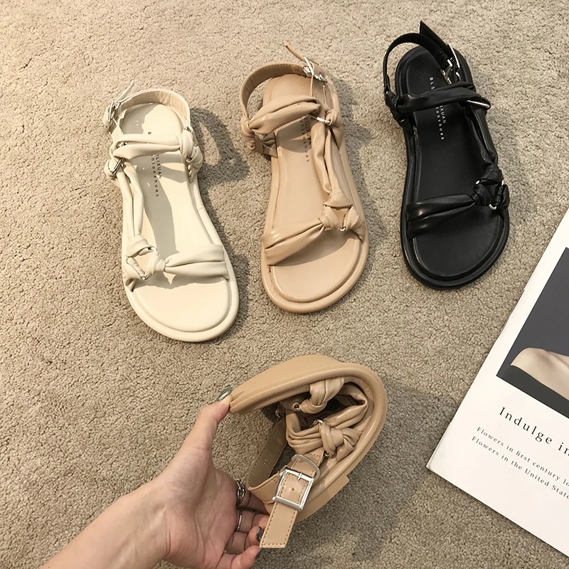 

Сандалии в римском стиле женские, Мягкие Универсальные босоножки-гладиаторы, плоская подошва, однотонные, простые, бежевые, лето 2022