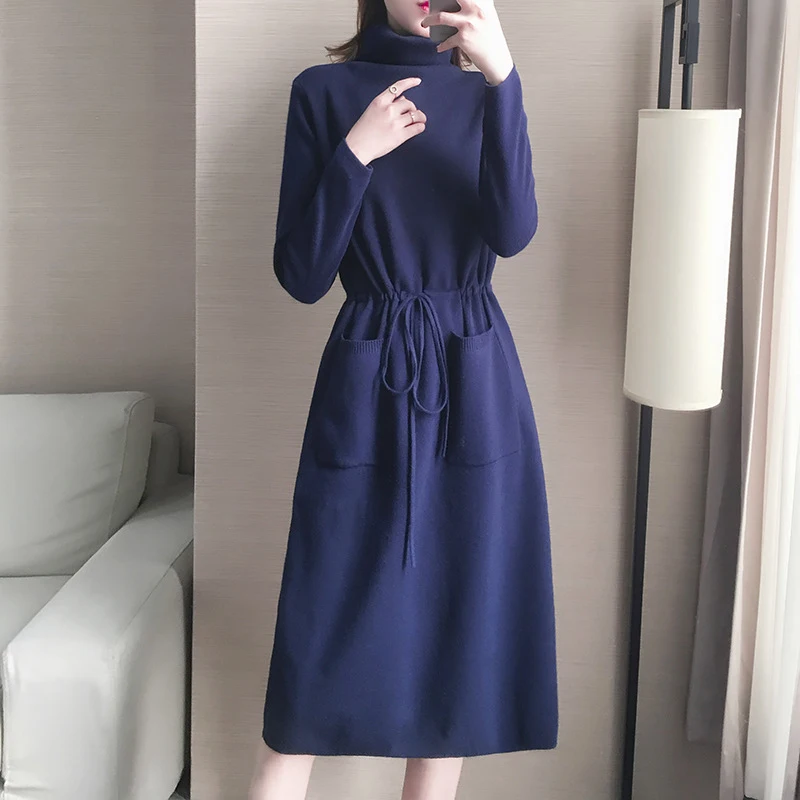 

New Sweaters Dress Ladies Long Sleeve Autumn Winter Elegant Dress Fashion High Neck Loose Knee Length Slim Party Dress