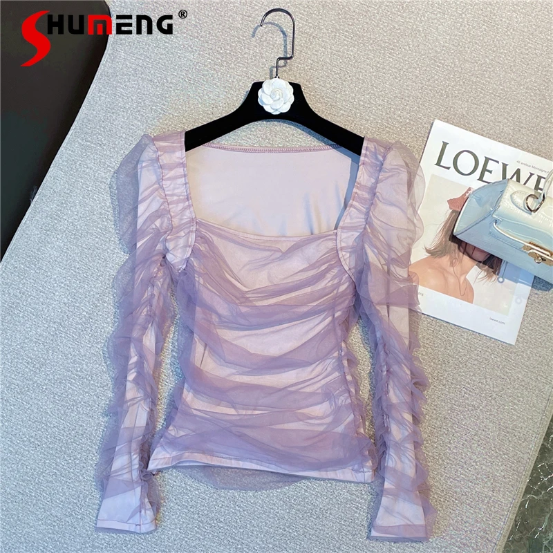 

French Pleated Slim-Fit Slimming Purple Mesh Tshirt Women Sexy Solid Color Ruched Crop Top Female 2022 Spring Autumn New Clothes