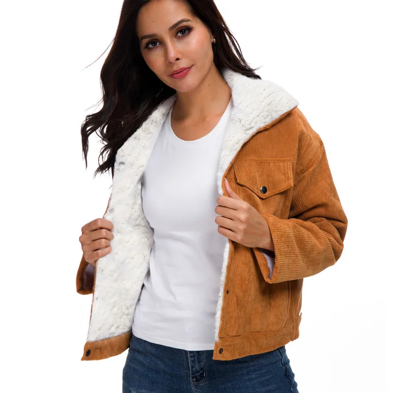 

Autumn Winter Women's Clothing Corduroy Lamb Fleece Jacket Coat Free Shipping Parka Long Sleeve Cropped Top Streetwear New Za