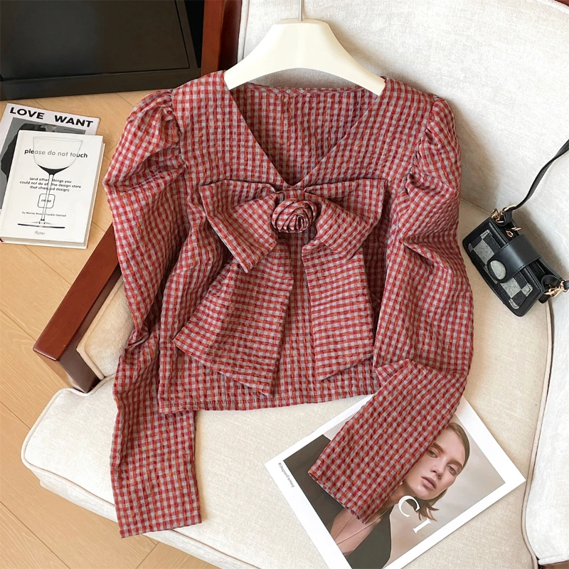 Ранняя осень новая клетчатая рубашка с v-образным вырезом женская верхняя одежда