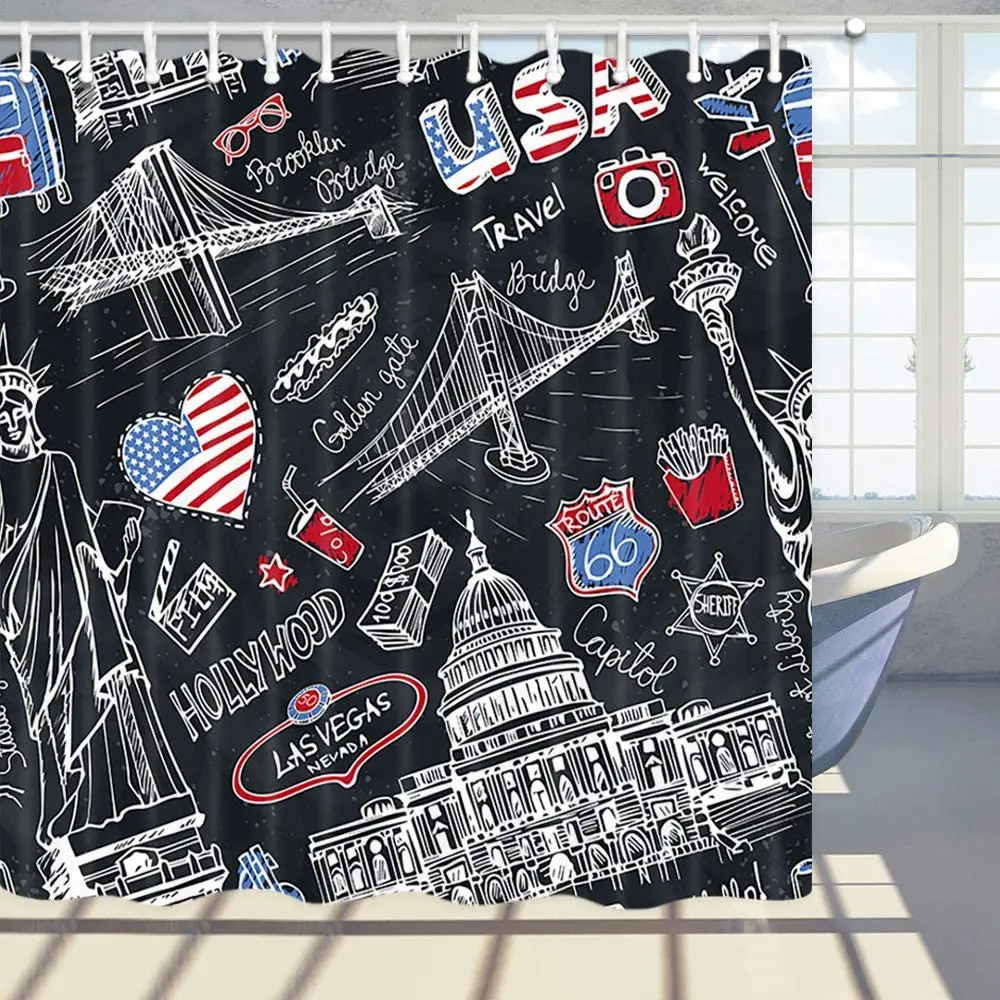 

USA Doodle Shower Curtain American Travel Symbols Hand Drawn Sketch Bathroom Polyester Fabric Bath Curtains with Hooks Washable