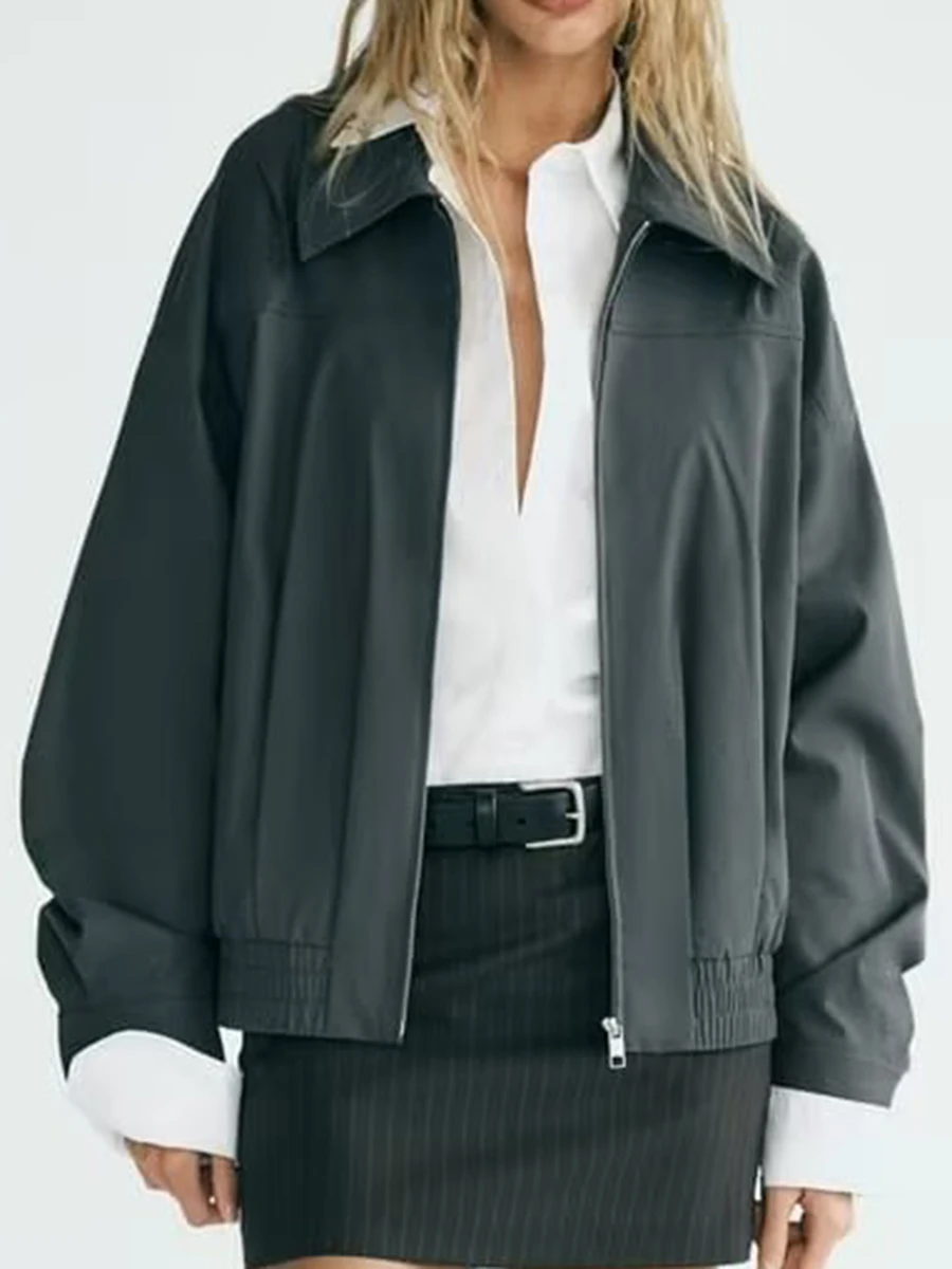 

2023 Autumn Vintage Black Solid Oversized Bomber Jacket Long Sleeve Loose Casual Pleated Fashion Woman Lapel Clothing Streetwear