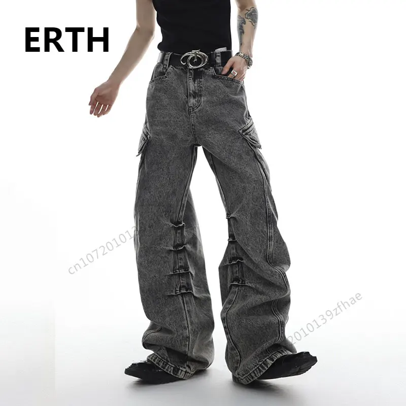 

Новые модные плиссированные потертые мужские джинсы ERTH, плиссированные расклешенные брюки в стиле High Street, нишевые дизайнерские Джинсовые брюки с большими карманами, тренд 2023