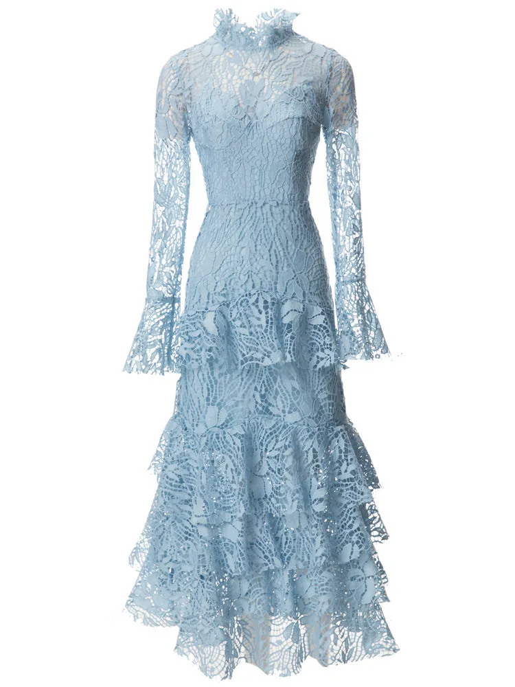 QMQA модные женские однотонные кружевные платья с воротником-стойкой элегантное