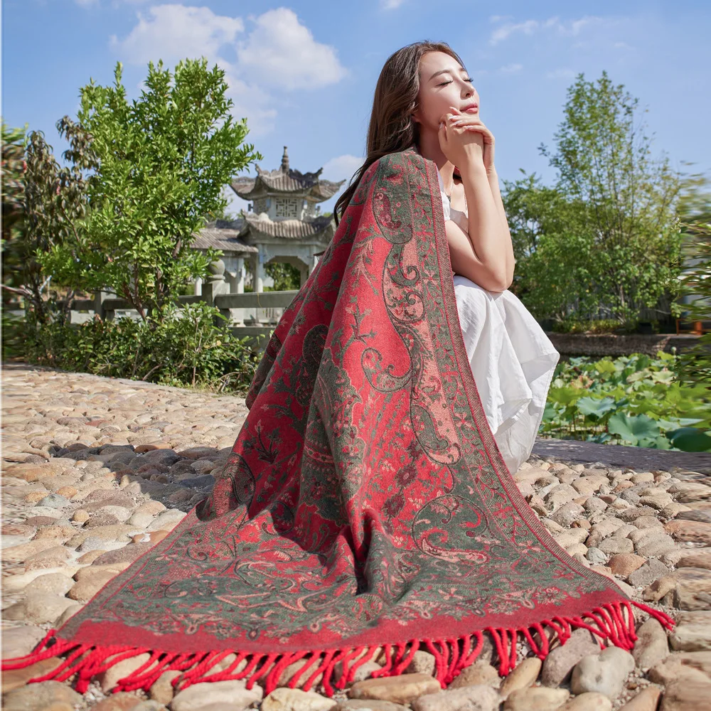 Женский шарф с кисточками одеяло зимняя теплая шаль модная кашемировая Толстая