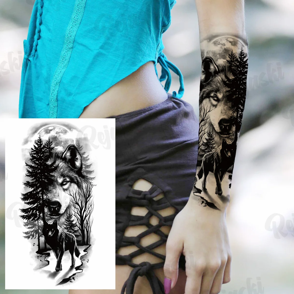 

Временные татуировки с черным волком и лесом для женщин, реалистичные татуировки с Львом, тигром, компасом, черепом, искусственными татуировками на талию для взрослых