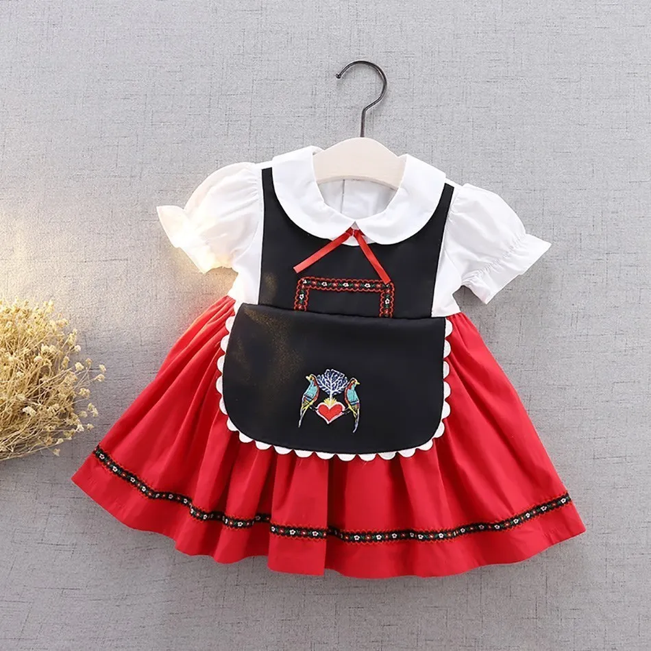 Girls Octoberfest Dress Bavarian Carnival Clothes For Kids German Beer Wench Costume Dirndl Cotton With Apron Stretch Cuffs