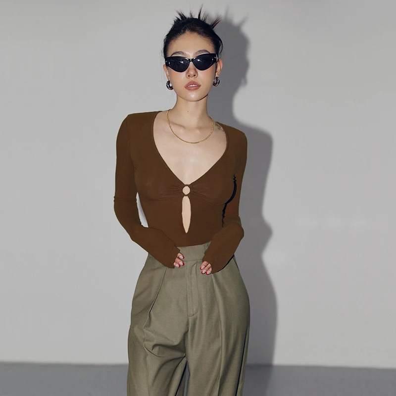 

Women Deep V Neck Sexy Fit Long Sleeved Top With Cut Out Detail