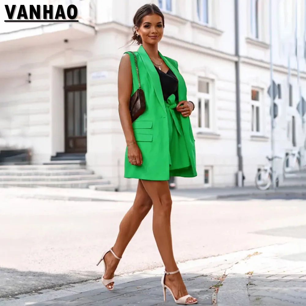 Летние модные блейзеры без рукавов с лацканами VANHAO короткие комплекты
