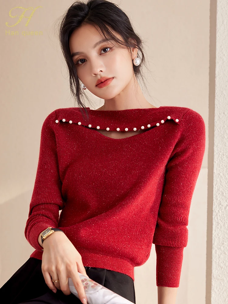 

H Han Queen 2022 Simple Winter Elegant Hollow Out Beading Pullovers Sweaters Womens New Korean Loose Casual Vintage Office Tops