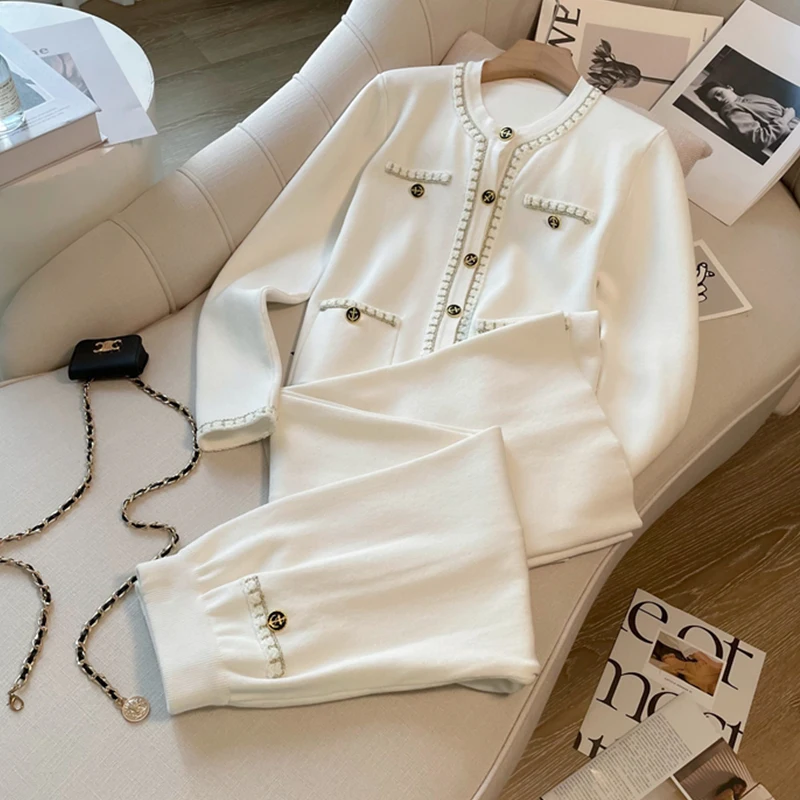 

High-Quality Two Piece Sets Womens Outifits conjuntos de pantalón 2022 Fall Winter Knit Cardigan Top+Casual Wide-Leg Pants Suit