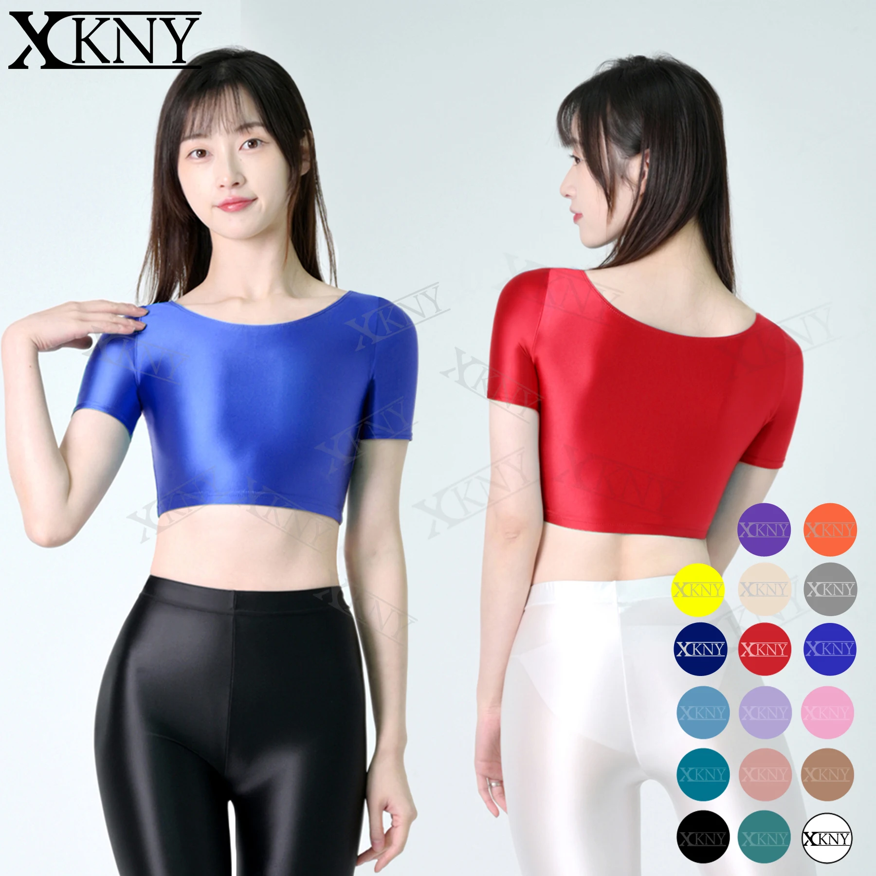 

XCKNY satin glossy sexy short sleeve navel sports casual tights clothes Japan slim swimming hot spring smooth sexy swimsuit