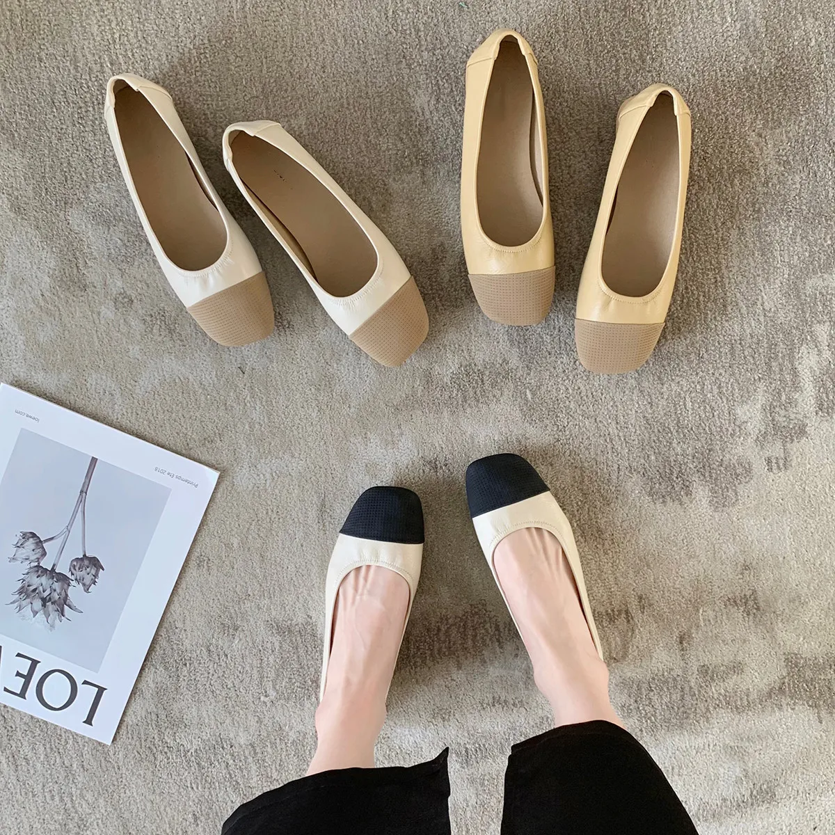 

Square Toe Soft Bottom Thick Heel Color Matching All-match Flat Shoes Women's Summer Ballet Flats Square Toe Retro Shoes Women