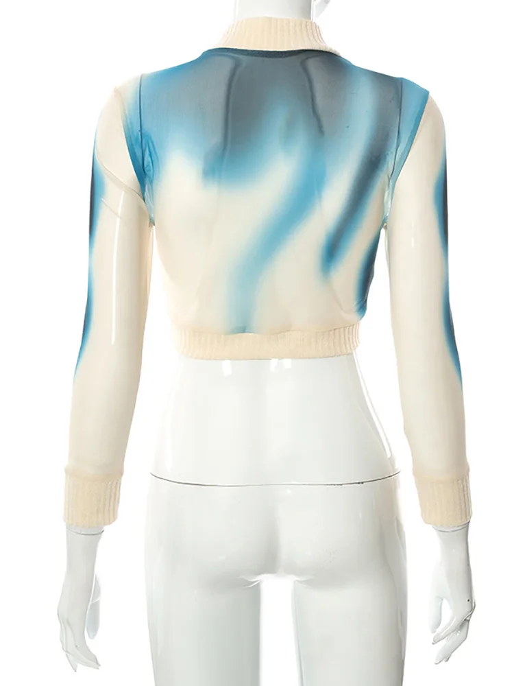ALLNeon 90s Vintage Streetwear Tie Dye Print Turtleneck Mesh T-shirts Y2K Fashion Patchwork Long Sleeve Crop Tops Women - купить по