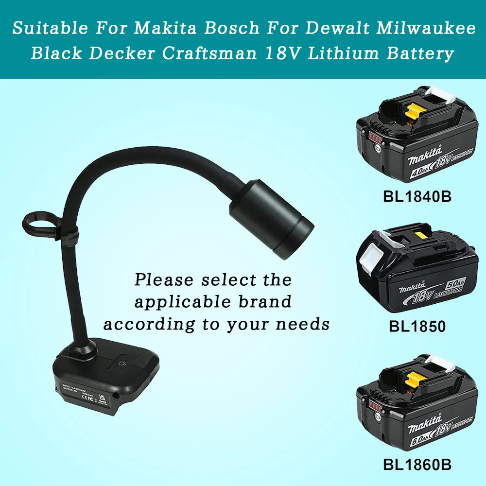 

Desk Work Hose Lamp Suitable For Makita Bosch For Dewalt Milwaukee Black Decker Craftsman 18V Lithium Battery LED Portable Light