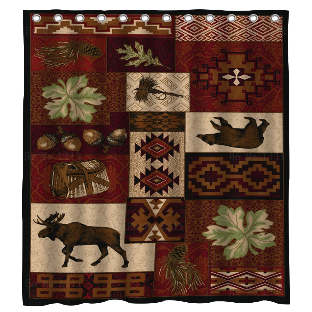 

Bear Moose Creek Lodge Pine Boughs Fishing Tackle And Native Pattern Rustic Collage Shower Curtain By Ho Me Lili Bath Decor