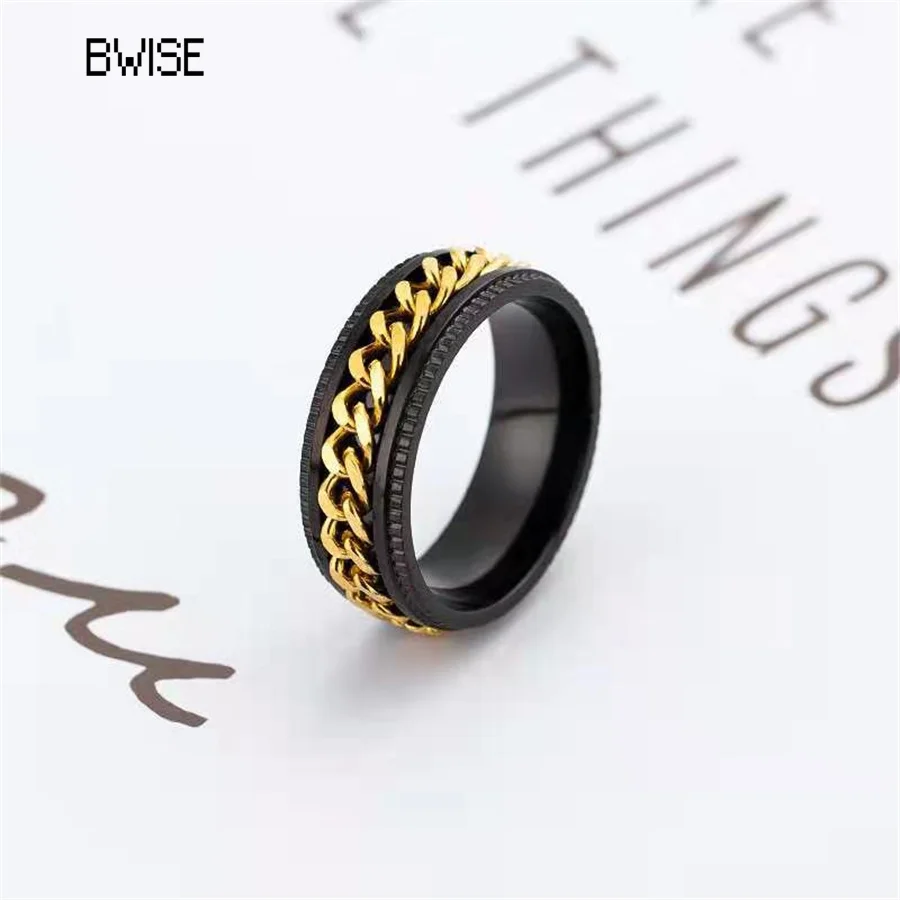 

BWISE Rotate Rotating Anxiety Fidget ring Titanium Stainless Steel Chain Spinner Finger Ring Men Black Punk Rock matte edge