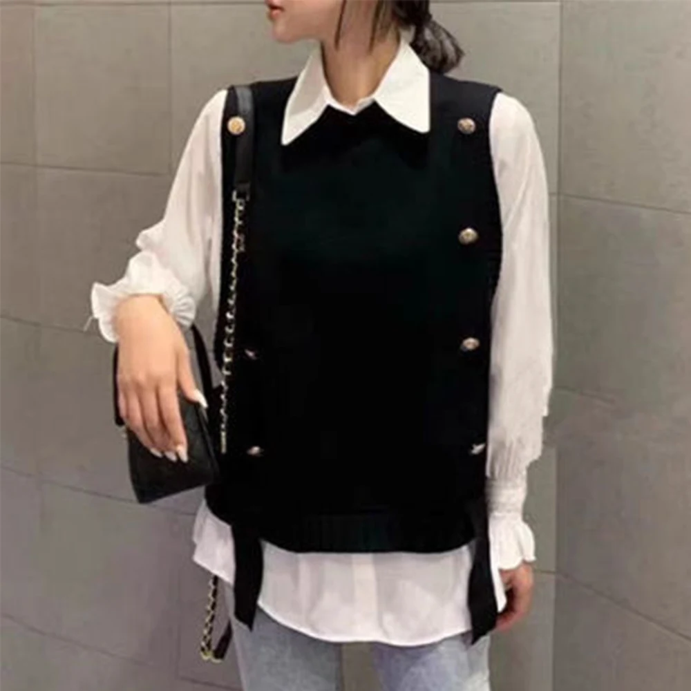 

New Korean Style Loose Long-sleeved Bottoming Shirt + Double-breasted Knitted Vest Two-piece Suit Casual Women's Clothing Set