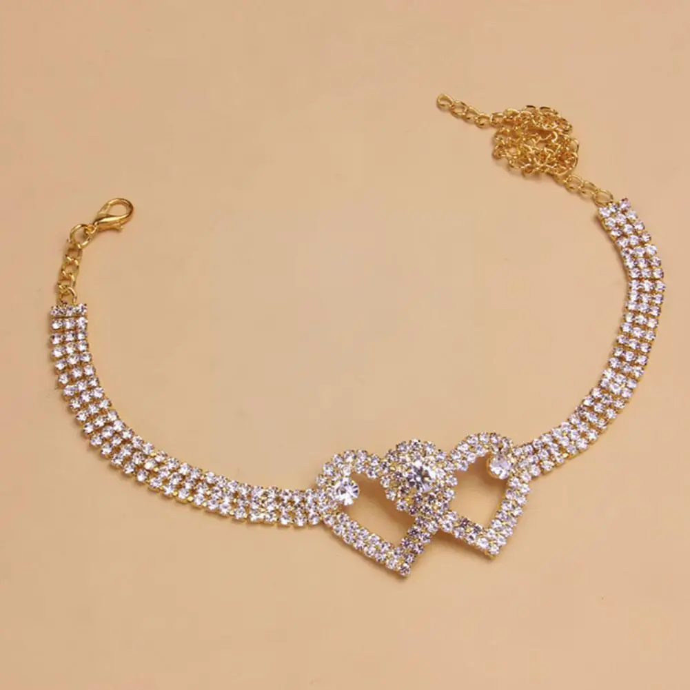 

New Fashion Full Diamond Fashion Double Heart Anklet Anklet Bowknot Jewelry Versatile Anklet Summer Beach Heart-shaped Elem P0w6