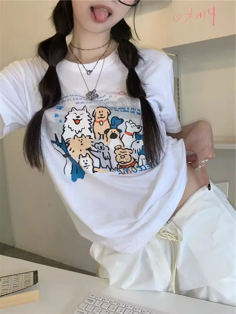 

Футболка женская оверсайз с коротким рукавом, модная уличная одежда в Корейском стиле, шикарный мультяшный принт, повседневный Свободный Топ в стиле Харадзюку для пар, на лето