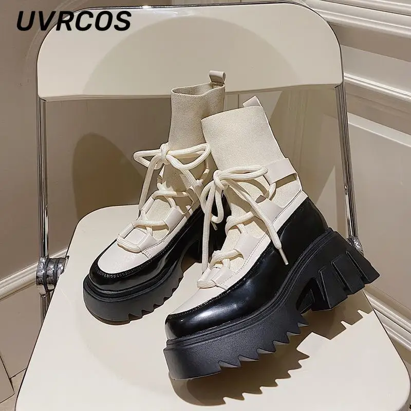 

Lace-up Women Socks Boots Thick-soled Thick-heeled Boots Fashion Autumn British Style Round All-match Women Shoes 2022 New