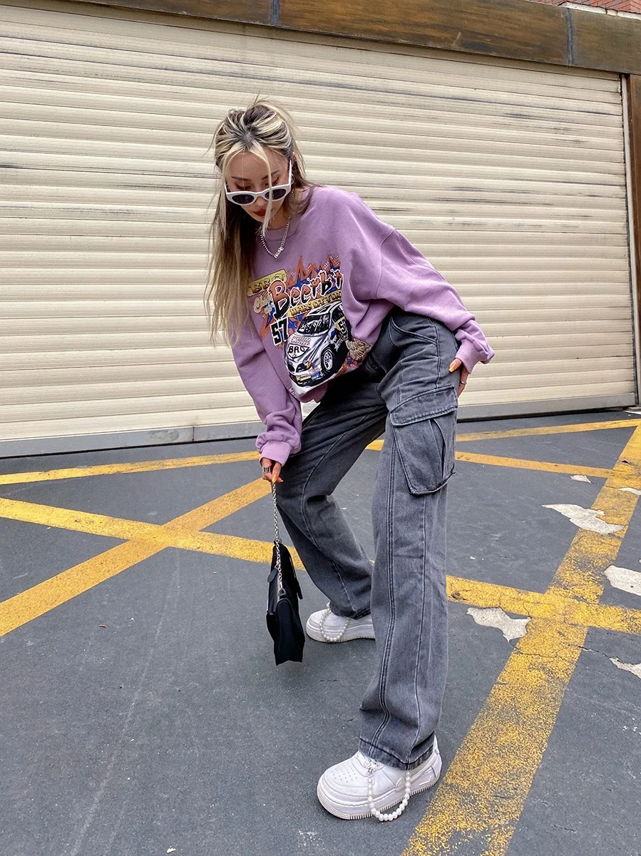 

Street Spice Girls Cargo Jeans Women High Waist Straight Trend Casual Daddy Pants