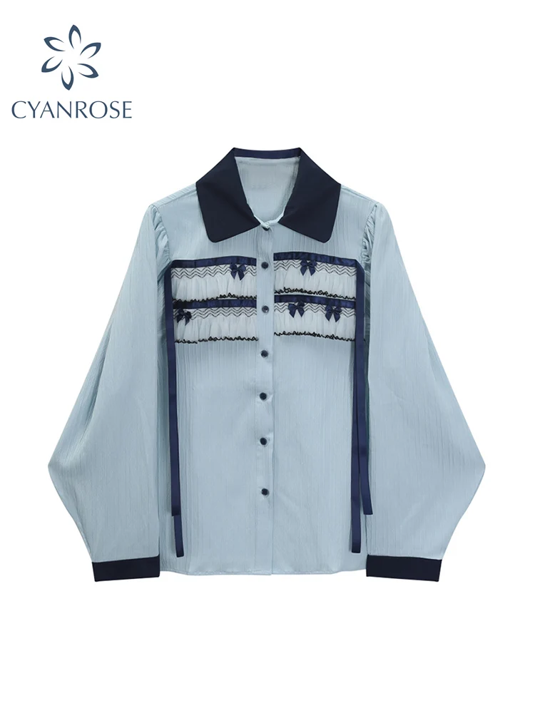 

2022 Women's Shirts Elegant Gauze Agaric Lace Bow Chiffon Blouses Female Korean Casual Vintage Long Sleeve Single Breasted Tops