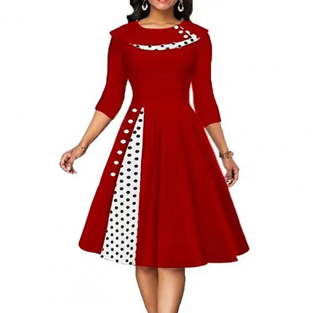 

Женское платье с круглым вырезом, пуговицами и длинными рукавами, облегающее Плиссированное весеннее платье-трапеция в горошек с принтом в стиле пэчворк, уличная одежда