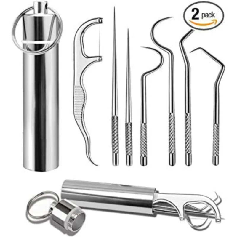 

Stainless Steel Toothpick Set 7pcs/Set Dental Floss Oral Care Tool Toothpicks Container Portable Keychain Toothpicks with thread