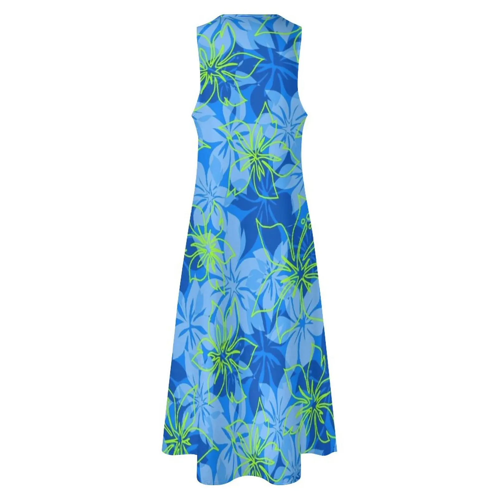 Olowalu Hibiscus Гавайская Алоха рубашка с принтом-синее и лаймовое длинное платье