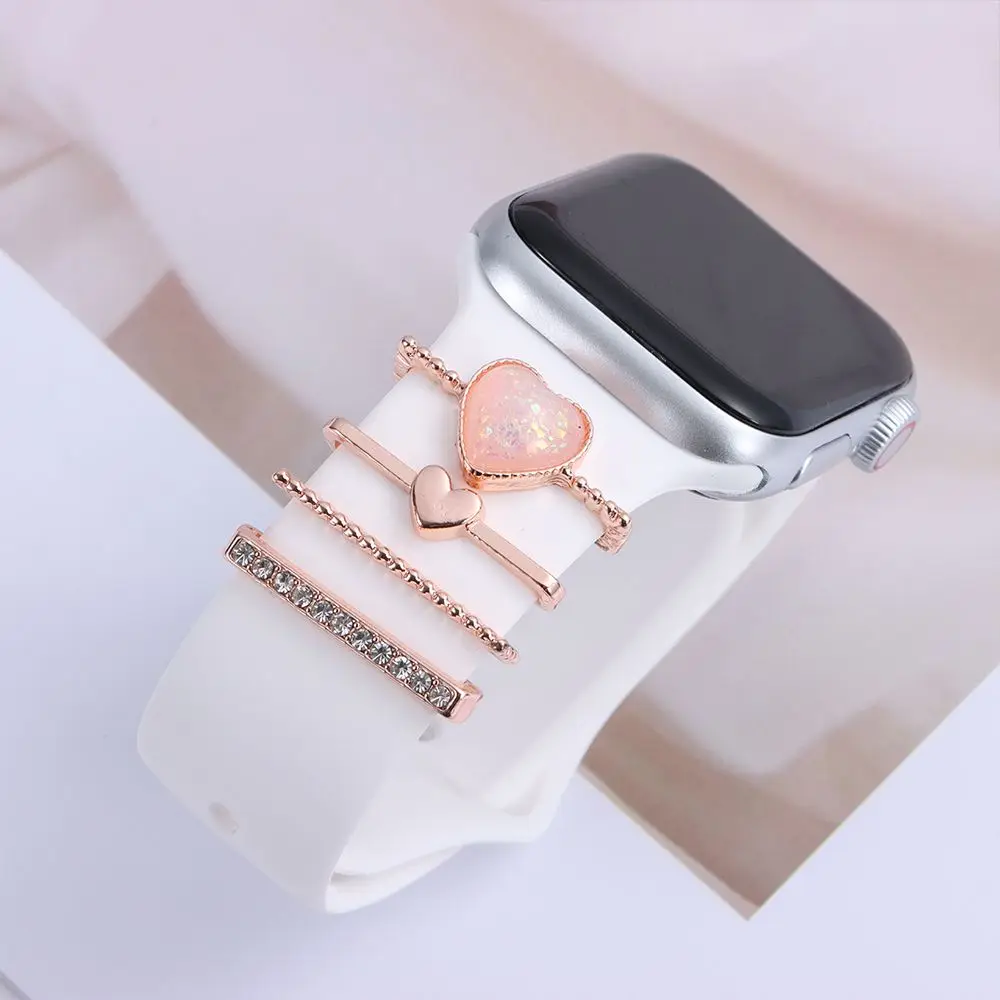 

1 Набор, декоративное розовое кольцо в форме сердца для часов Apple, ремешок с алмазным орнаментом, силиконовый ремешок для умных часов, аксессуары для iwatch, браслет