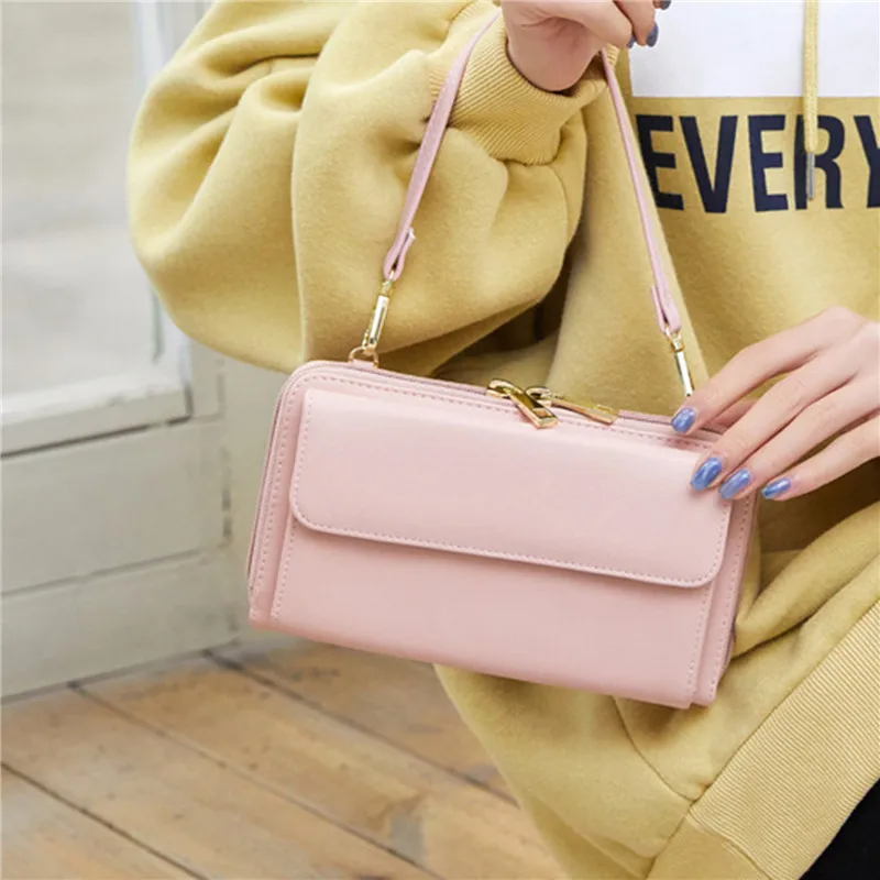 

Women Long Crossbody Bag Female Touch Screen Phone Wallet Pure Color Pu Ladies Messenger Wallet